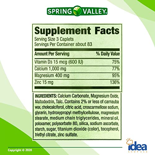 Calcium, Magnesium and Zinc Plus Vitamin D3 Coated Caplets, 250 Ct O804418