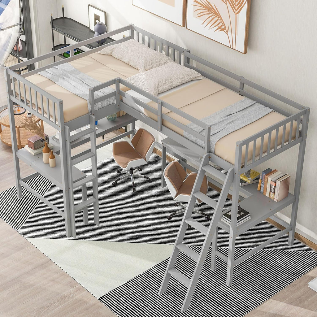 Gray Wooden L-Shaped Double Twin Size Loft Bed Frame with 2 Built-in Desks and Ladder M707909