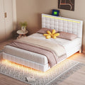 Queen Size White Upholstered Platform Bed Frame with LED Lights and USB Charging N154998