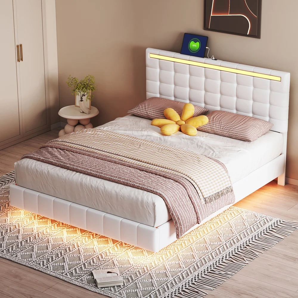 Queen Size White Upholstered Platform Bed Frame with LED Lights and USB Charging N154998
