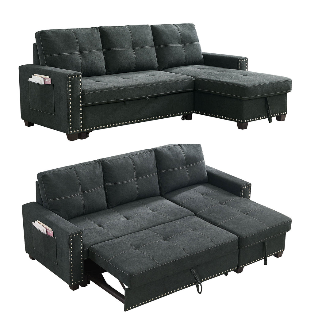 Black Queen Size Sleeper Sofa Bed with Storage Chaise H619