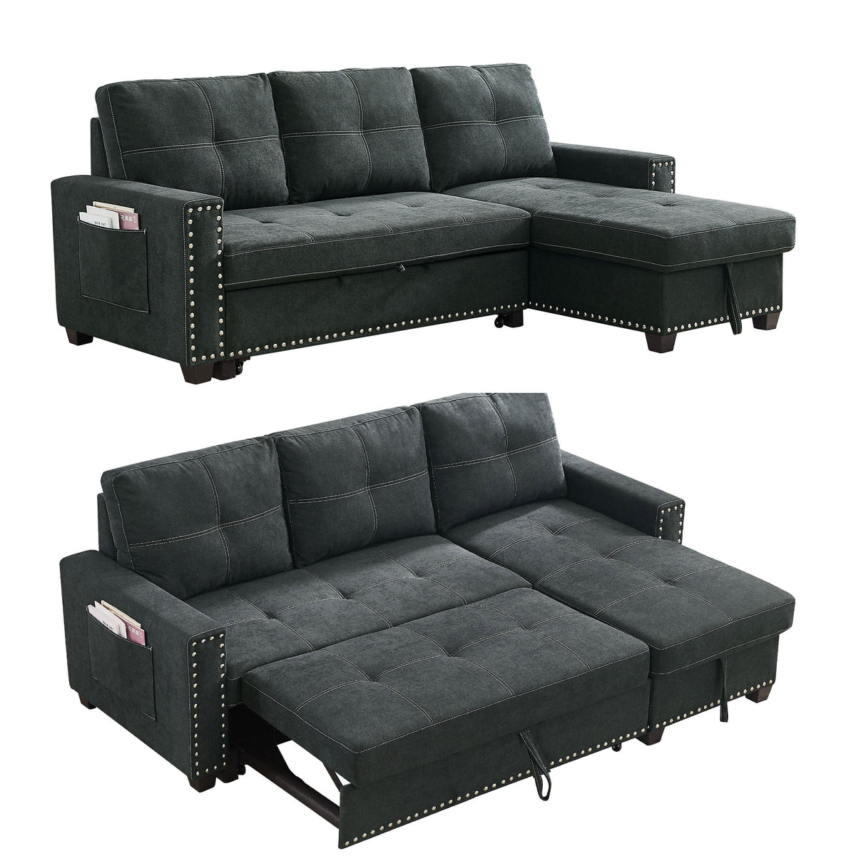 Black Queen Size Sleeper Sofa Bed with Storage Chaise H619