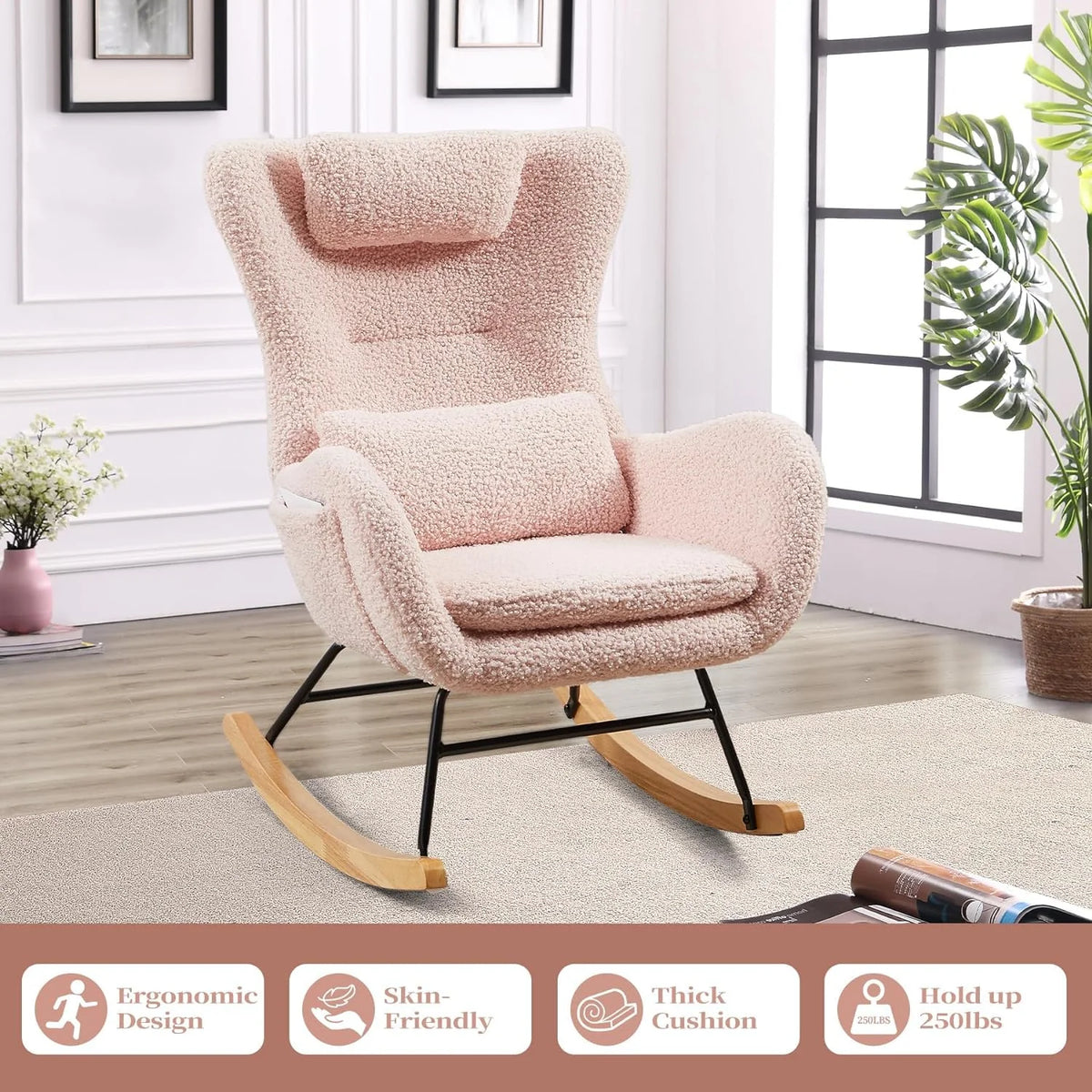 Pink Teddy Upholstered Rocking Chair with Pillow T165