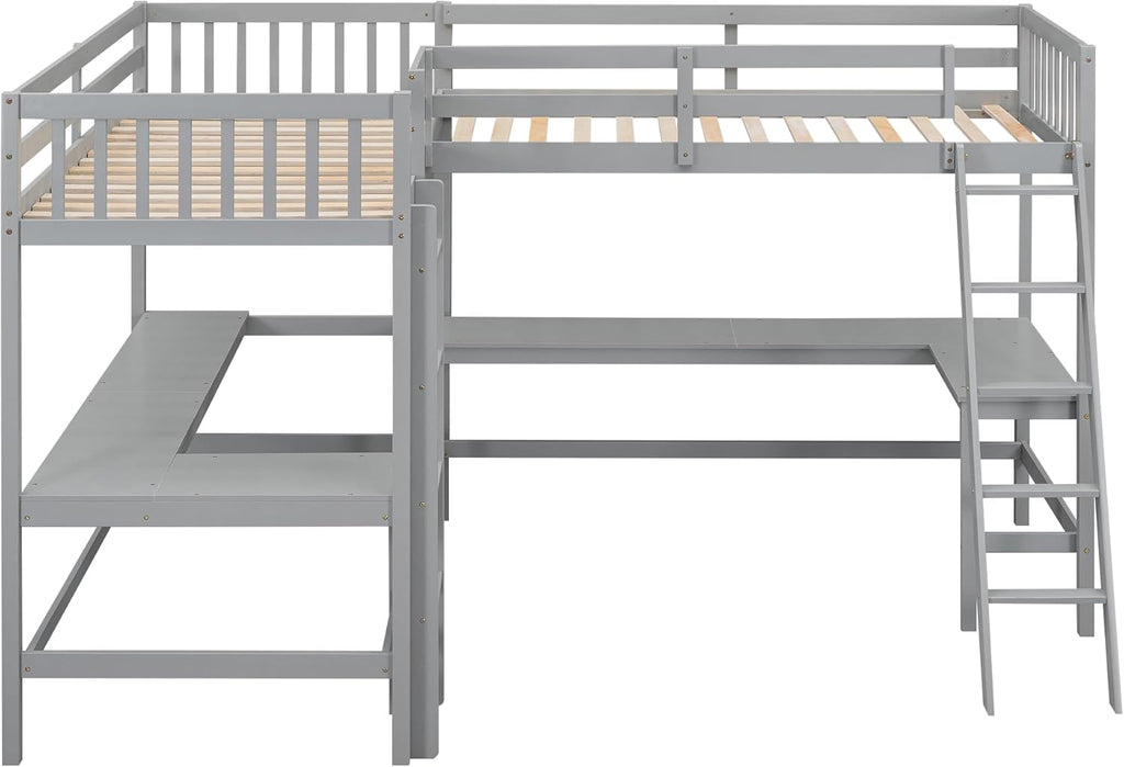 Gray Wooden L-Shaped Double Twin Size Loft Bed Frame with 2 Built-in Desks and Ladder M707909