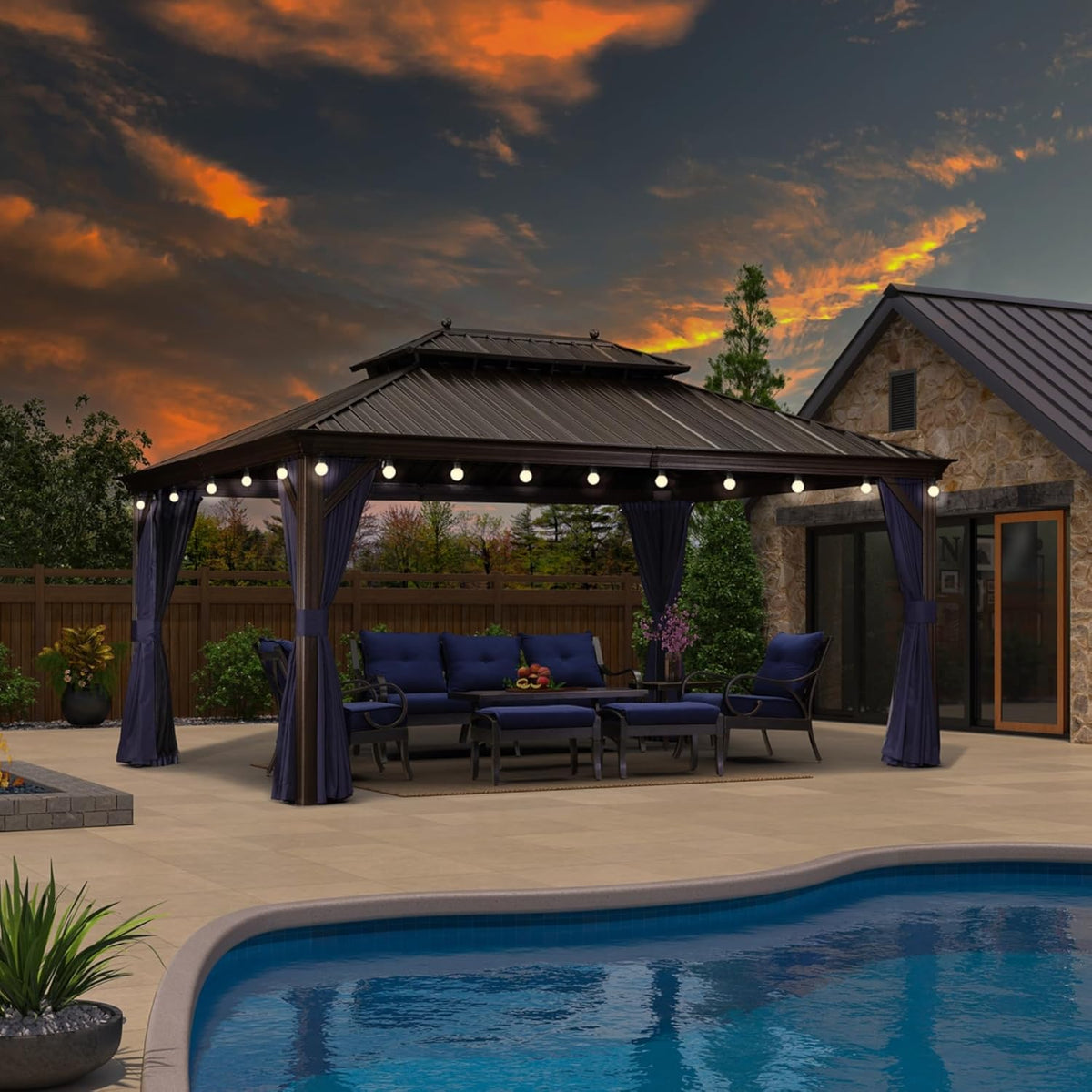 12' X 16' Permanent Hardtop Gazebo with Netting and Curtains Metal Roof Outdoor Pavilion with 24 LED Hanging String Lights C910264