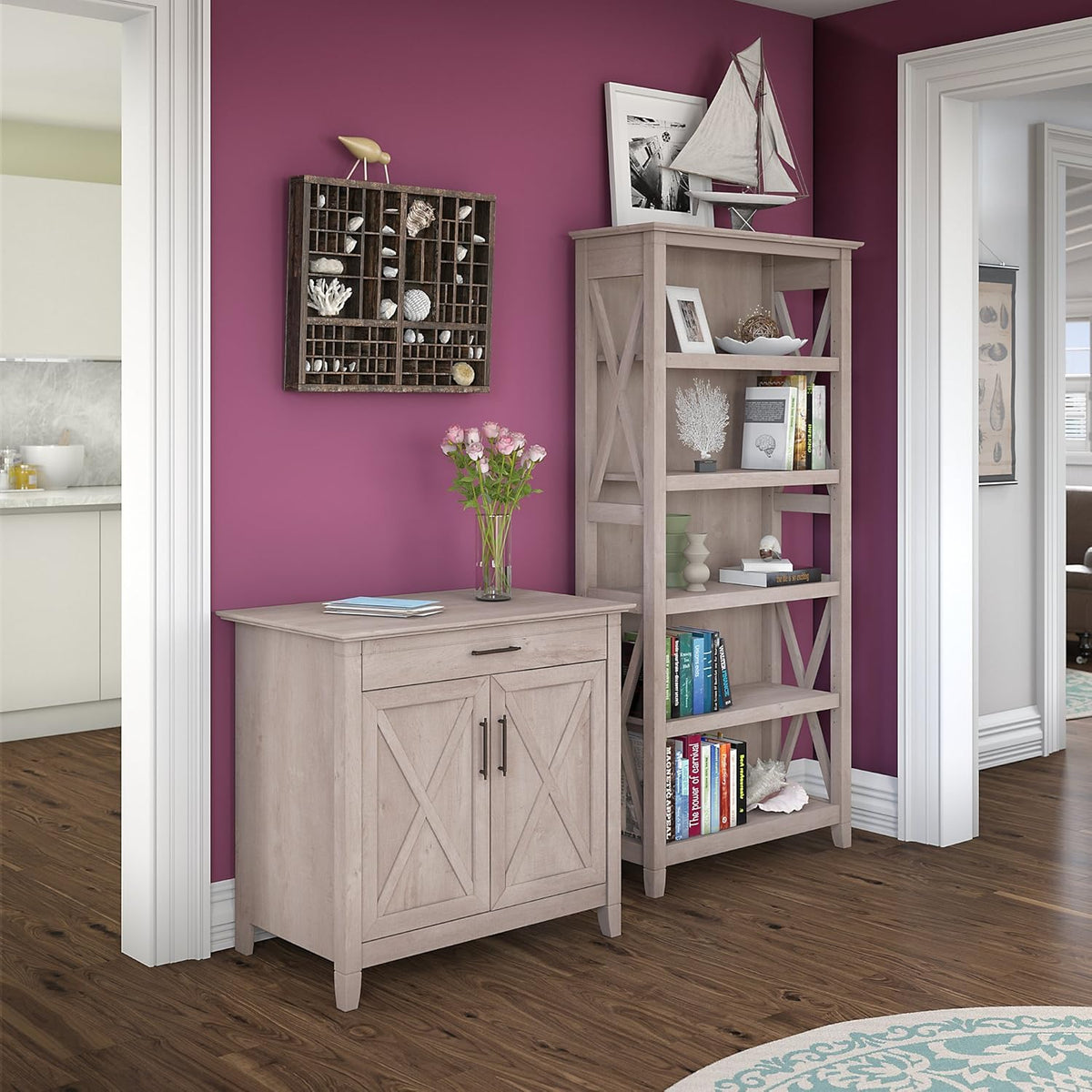 Pure White Oak Secretary Desk with Storage and 5 Shelf Bookcase D1194