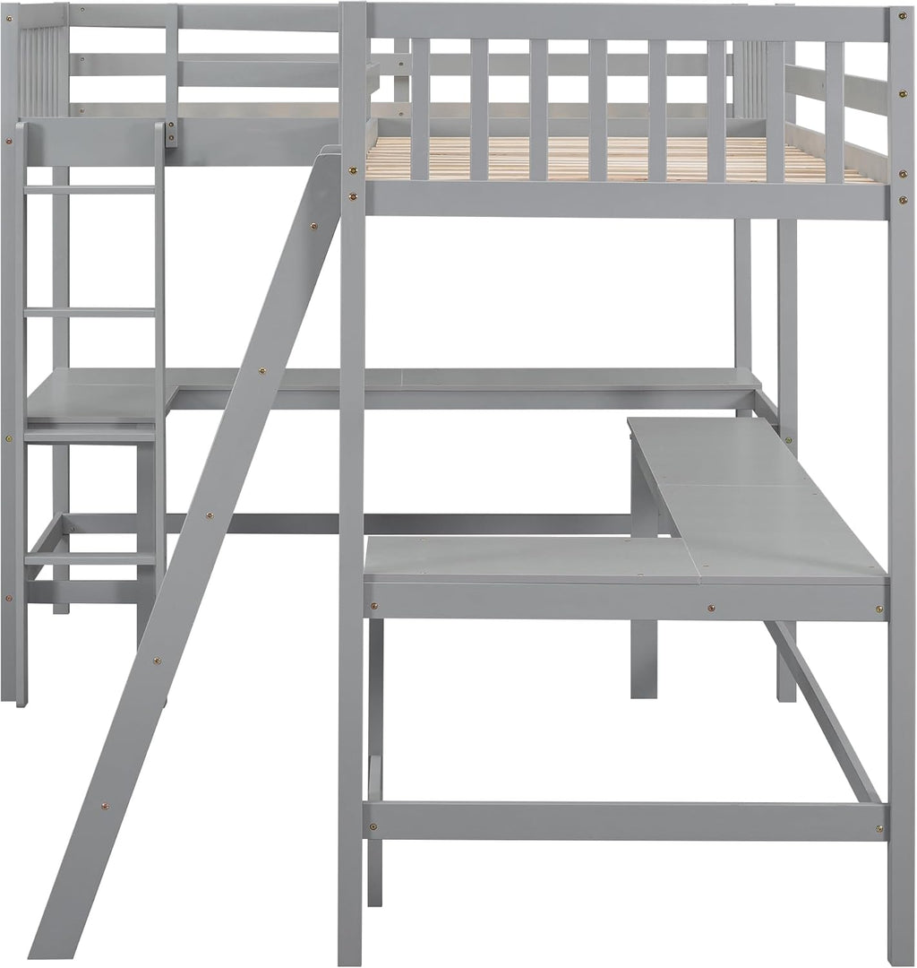 Gray Wooden L-Shaped Double Twin Size Loft Bed Frame with 2 Built-in Desks and Ladder M707909