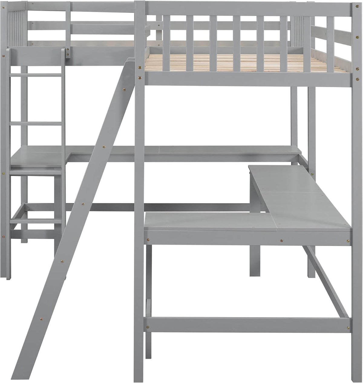 Gray Wooden L-Shaped Double Twin Size Loft Bed Frame with 2 Built-in Desks and Ladder M707909