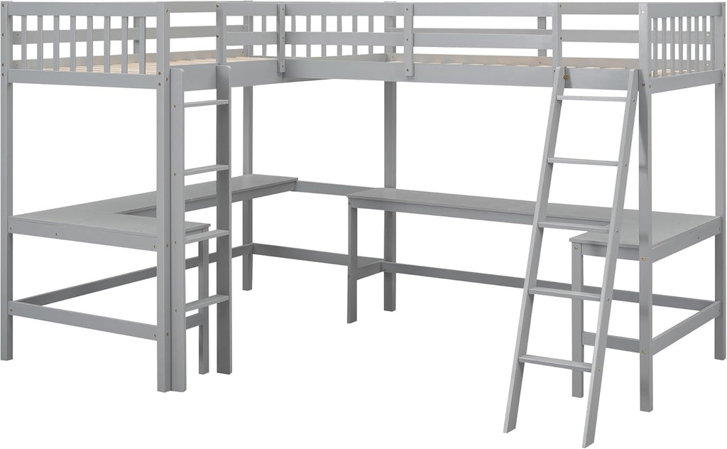 Gray Wooden L-Shaped Double Twin Size Loft Bed Frame with 2 Built-in Desks and Ladder M707909