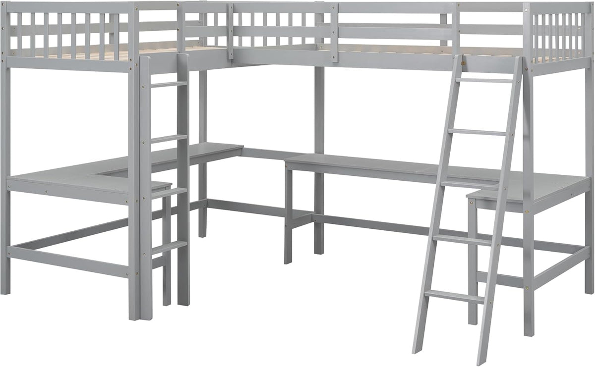 Gray Wooden L-Shaped Double Twin Size Loft Bed Frame with 2 Built-in Desks and Ladder M707909