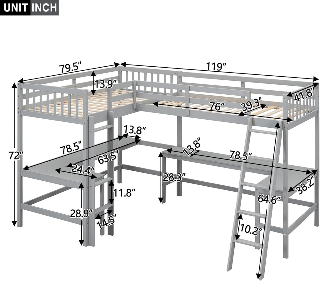 Gray Wooden L-Shaped Double Twin Size Loft Bed Frame with 2 Built-in Desks and Ladder M707909