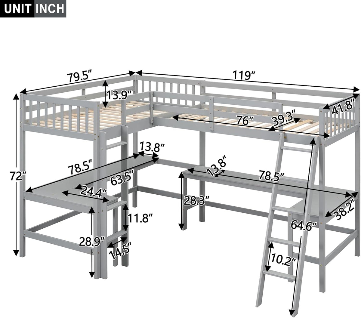 Gray Wooden L-Shaped Double Twin Size Loft Bed Frame with 2 Built-in Desks and Ladder M707909