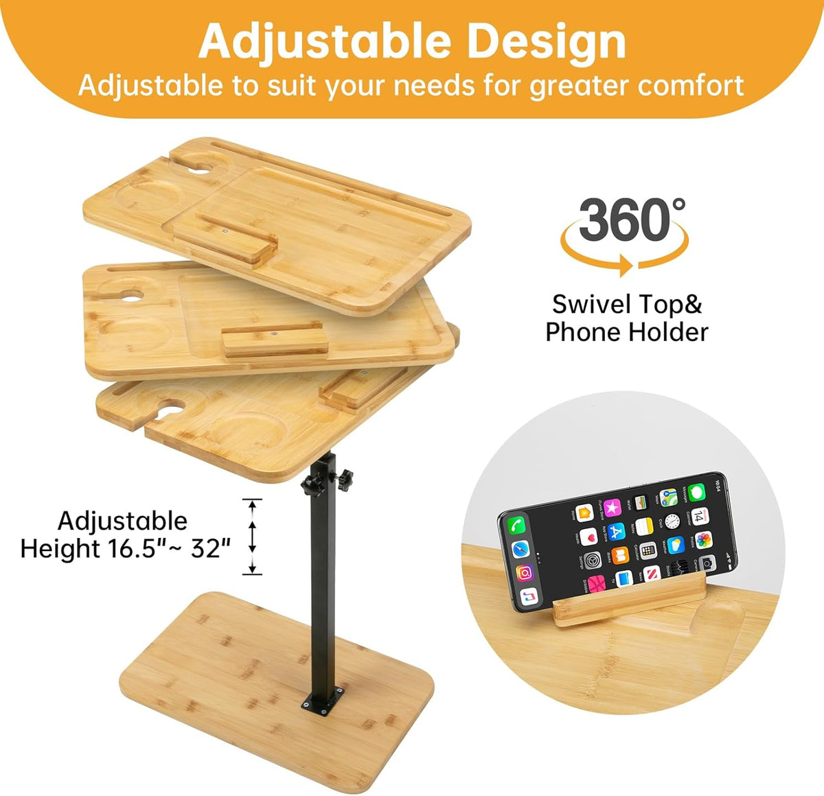 Bamboo Swivel Couch Tray Table with Phone Stand S2170