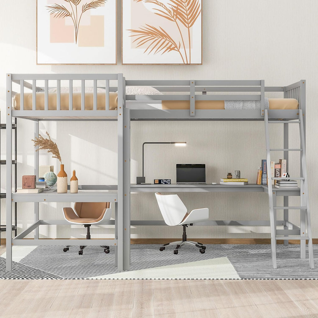 Gray Wooden L-Shaped Double Twin Size Loft Bed Frame with 2 Built-in Desks and Ladder M707909