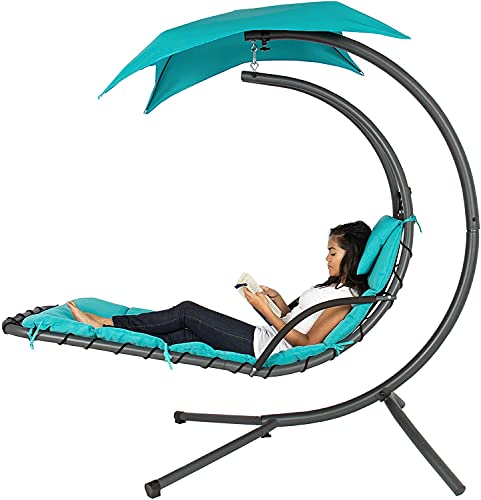 Teal Curved Steel Chaise Lounge Chair Swing with Built-in Pillow and Removable Canopy M25178