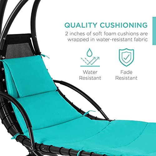 Teal Curved Steel Chaise Lounge Chair Swing with Built-in Pillow and Removable Canopy M25178