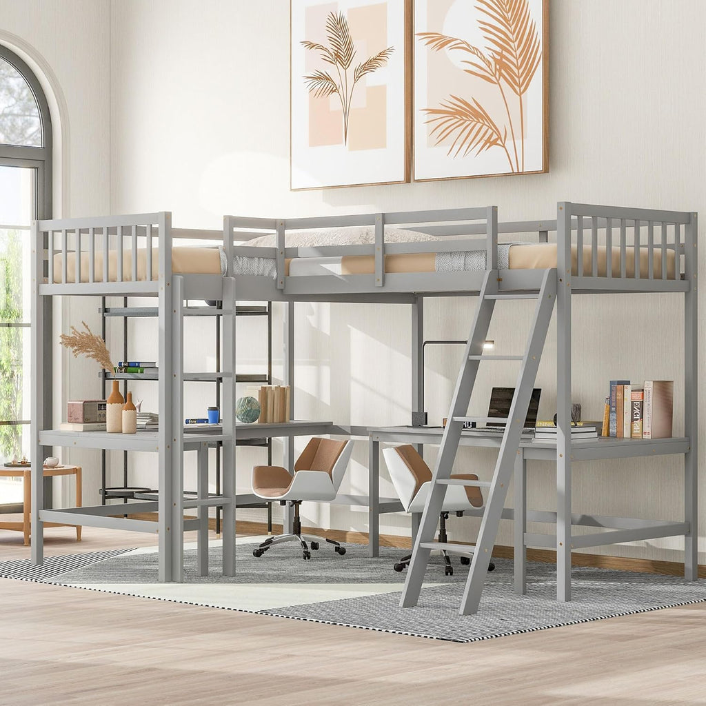 Gray Wooden L-Shaped Double Twin Size Loft Bed Frame with 2 Built-in Desks and Ladder M707909