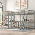 Gray Wooden L-Shaped Double Twin Size Loft Bed Frame with 2 Built-in Desks and Ladder M707909