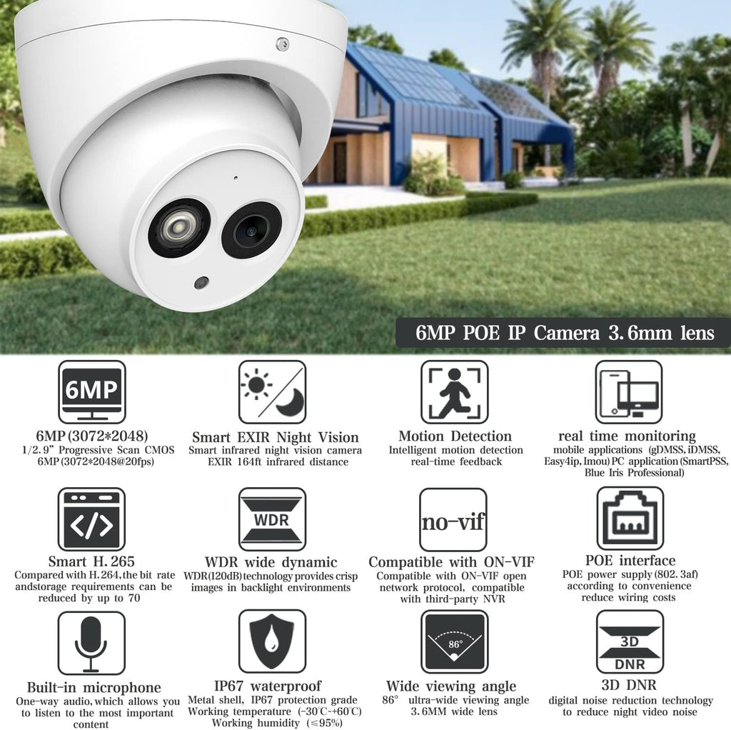 6MP UltraHD Outdoor PoE IP Camera, All-Metal Eyeball Dome Security Network Camera with Built-in MIC, 164ft Smart EXIR Night Vision, H.265, WDR, 3D DNR, IP67 Waterproof P713