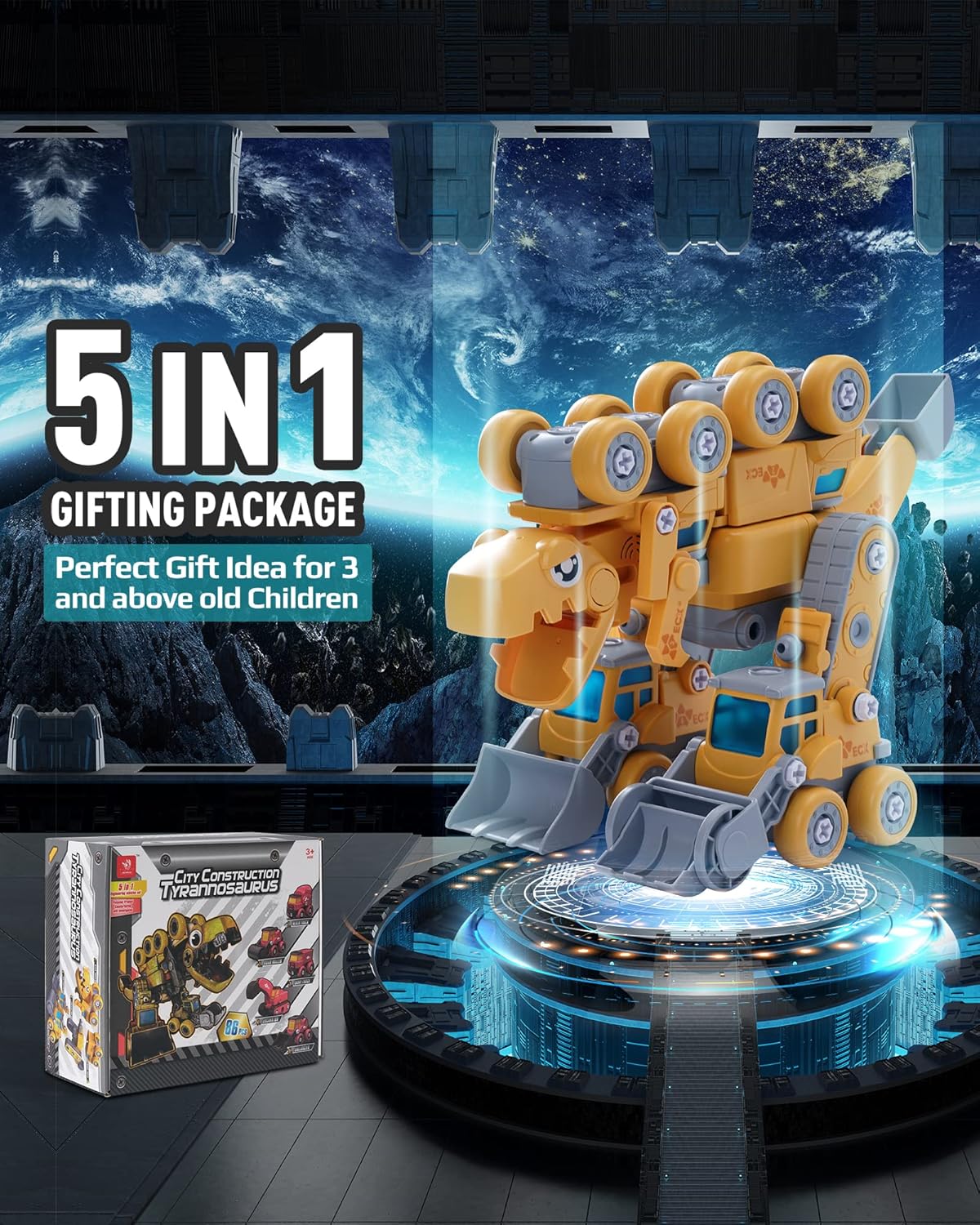 5-in-1 86 Piece Dinosaur Take Apart Toys Excavator Toy with Lights and Sounds L382702