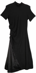 Black Midi Mock Neck Dress with Satin In-Lay and Brass C A469