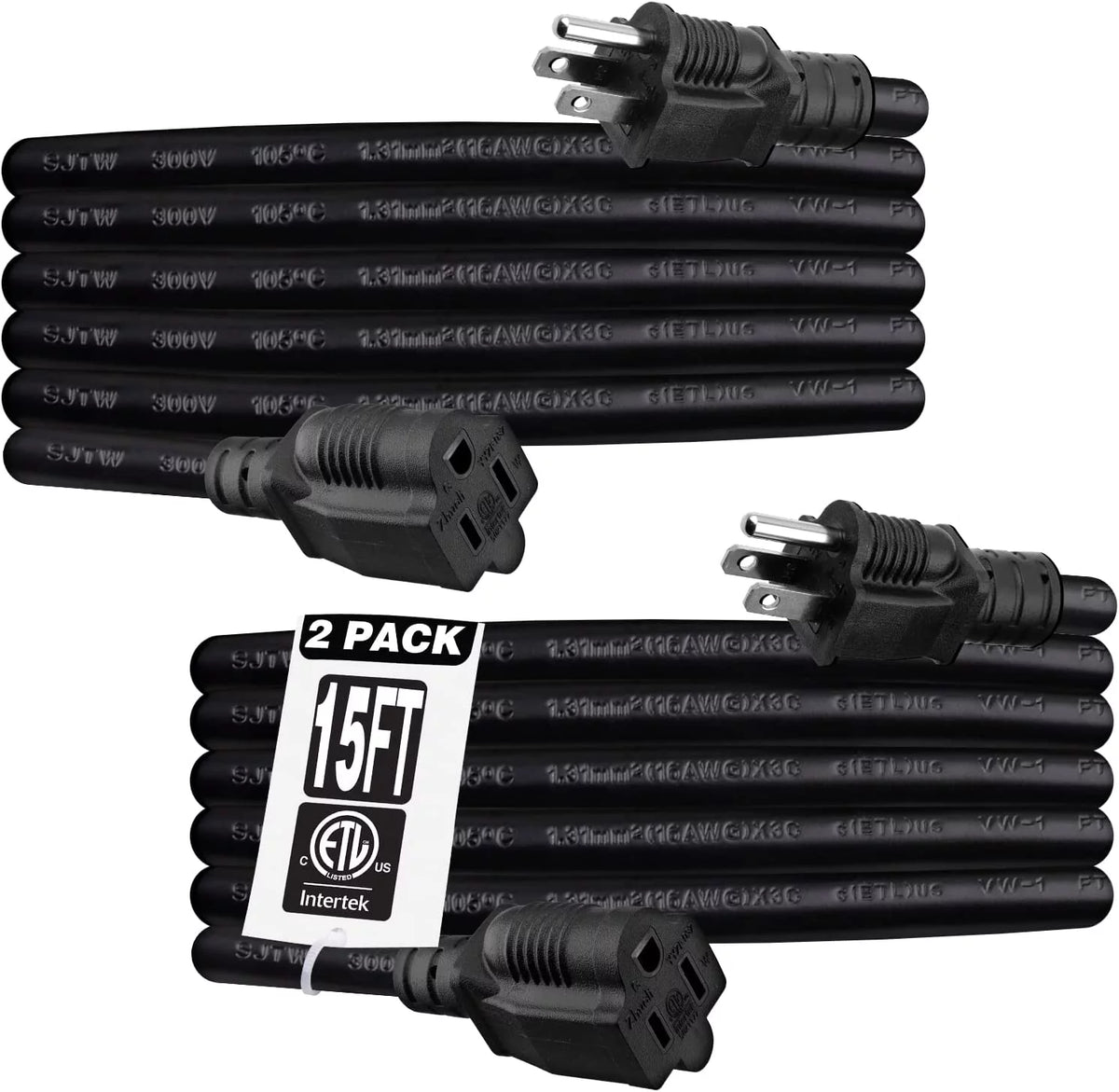 15 Feet 16AWG 13A 3 Prong Extension Cord 2 Pack Q972