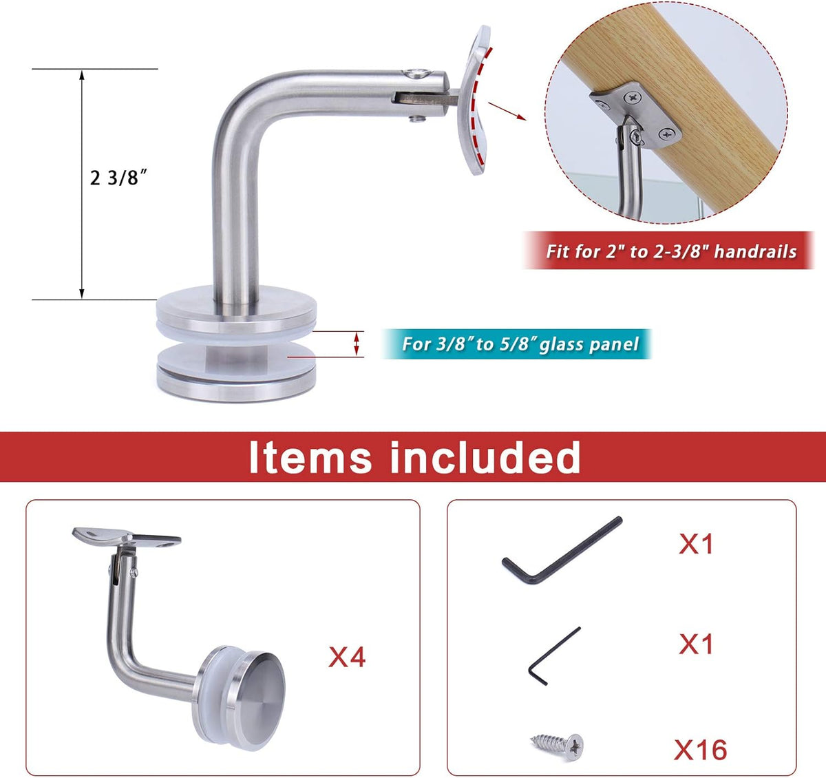 4Pack Adjustable Stainless Steel Handrail Brackets B964883