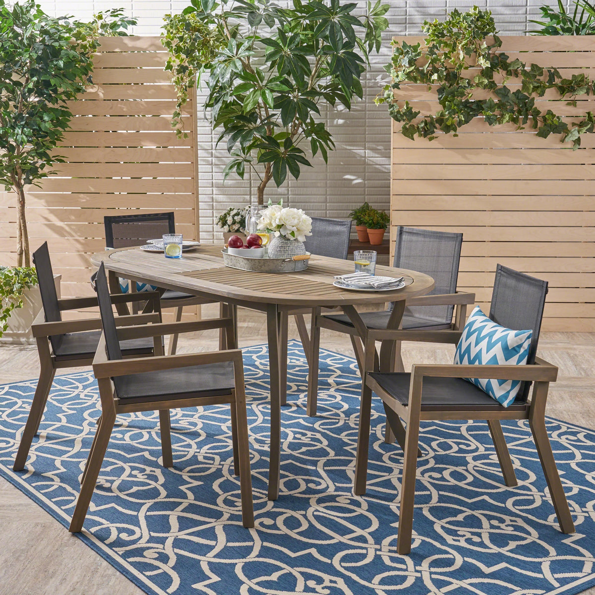 Acacia Wood 6-Seater Dining Set with Oval Dining Table W712