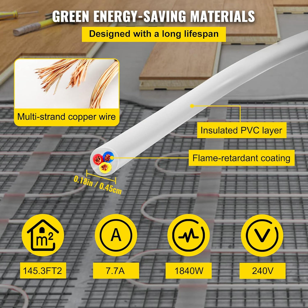 Floor Heating Cable 145.3 Square Feet with Temperature Control Panel X527254