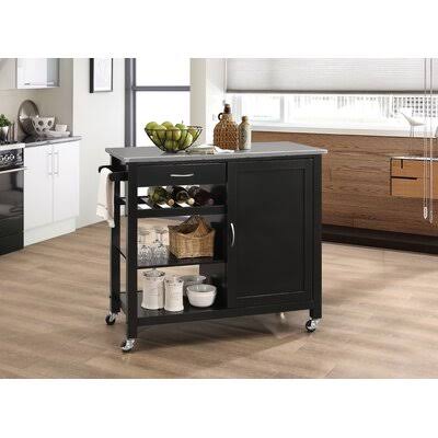 Natural and White Wood Kitchen Cart with Black Stainless Steel Counter P86761