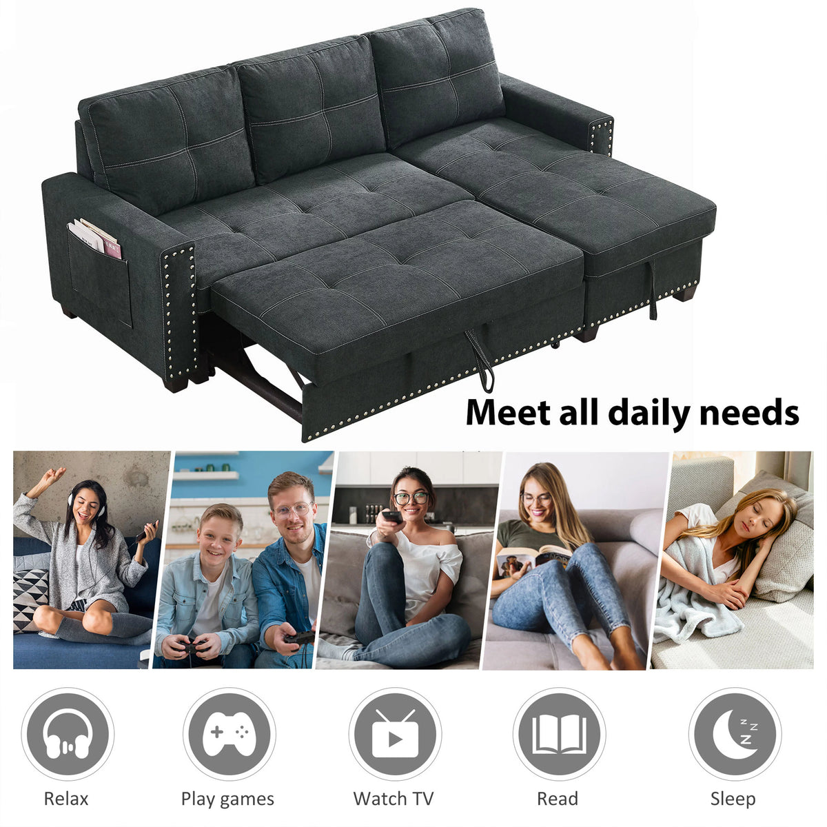 Black Queen Size Sleeper Sofa Bed with Storage Chaise H619