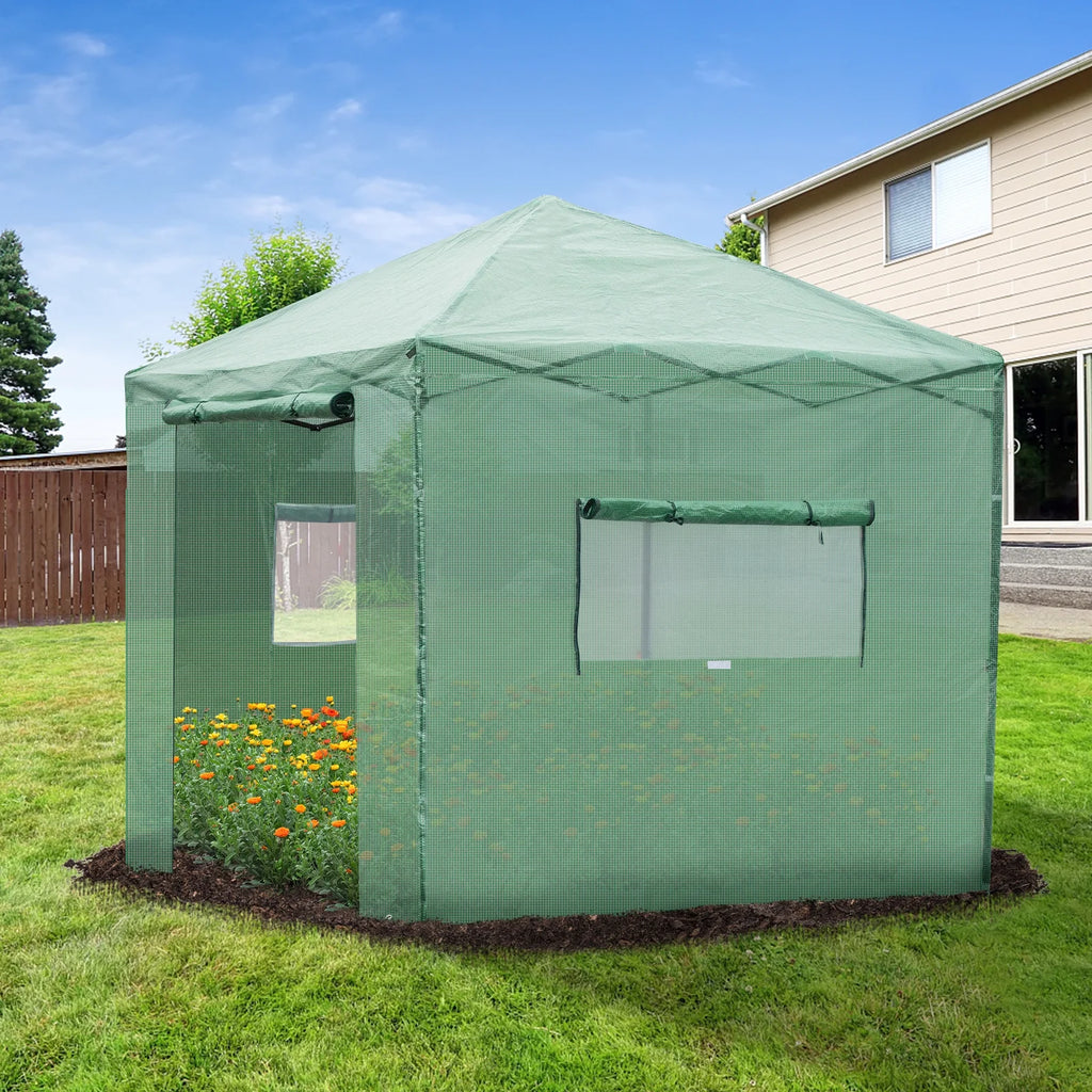 8x8 Ft Pop-up Walk-in Greenhouse with Roll-up Zip Door and 2 Windows W391494