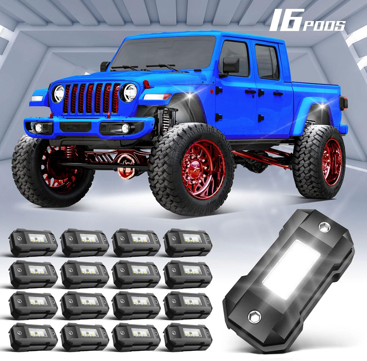 White 16 Pod Waterproof LED Rock Lights for Car Truck SUV Offroad Boat ATV UTV W171