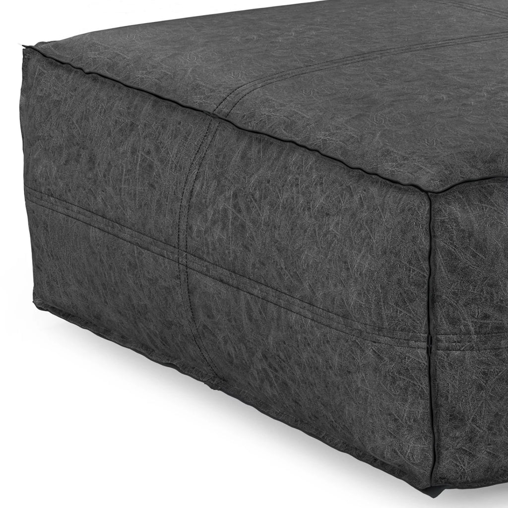 Distressed Black Vegan Faux Leather Pouf N209431