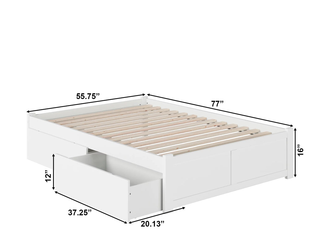 White Solid Wood Platform Bed with Footboard and 2 Storage Drawers P64998