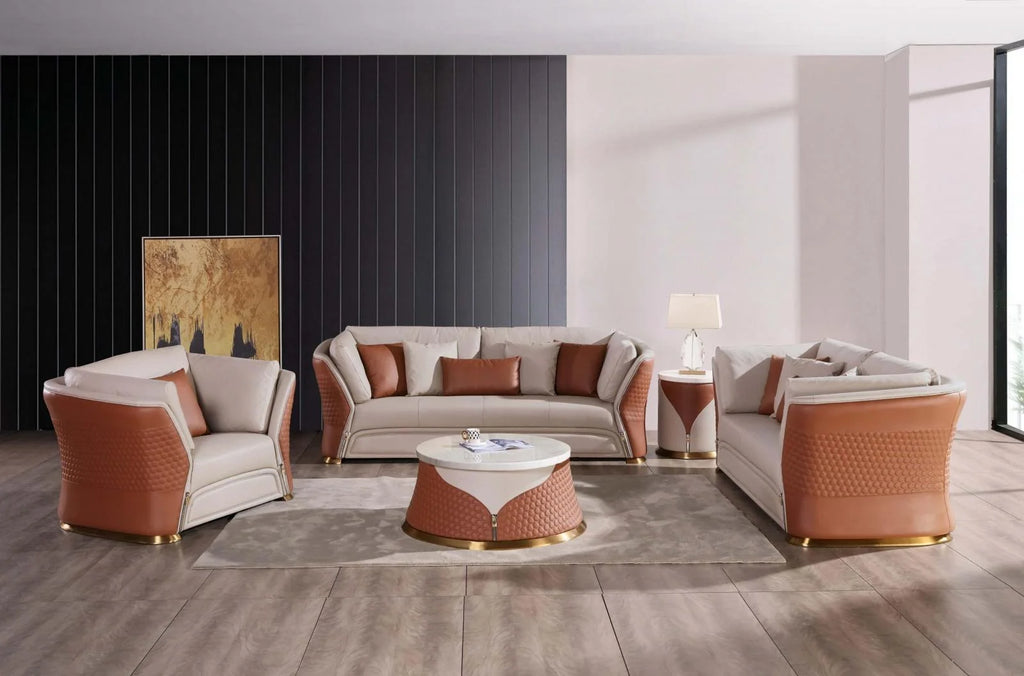 Sand Beige-Cognac Leather Coffee Table Set 2P D70416