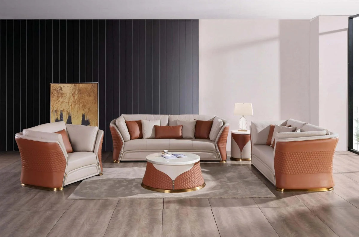 Sand Beige-Cognac Leather Coffee Table Set 2P D70416