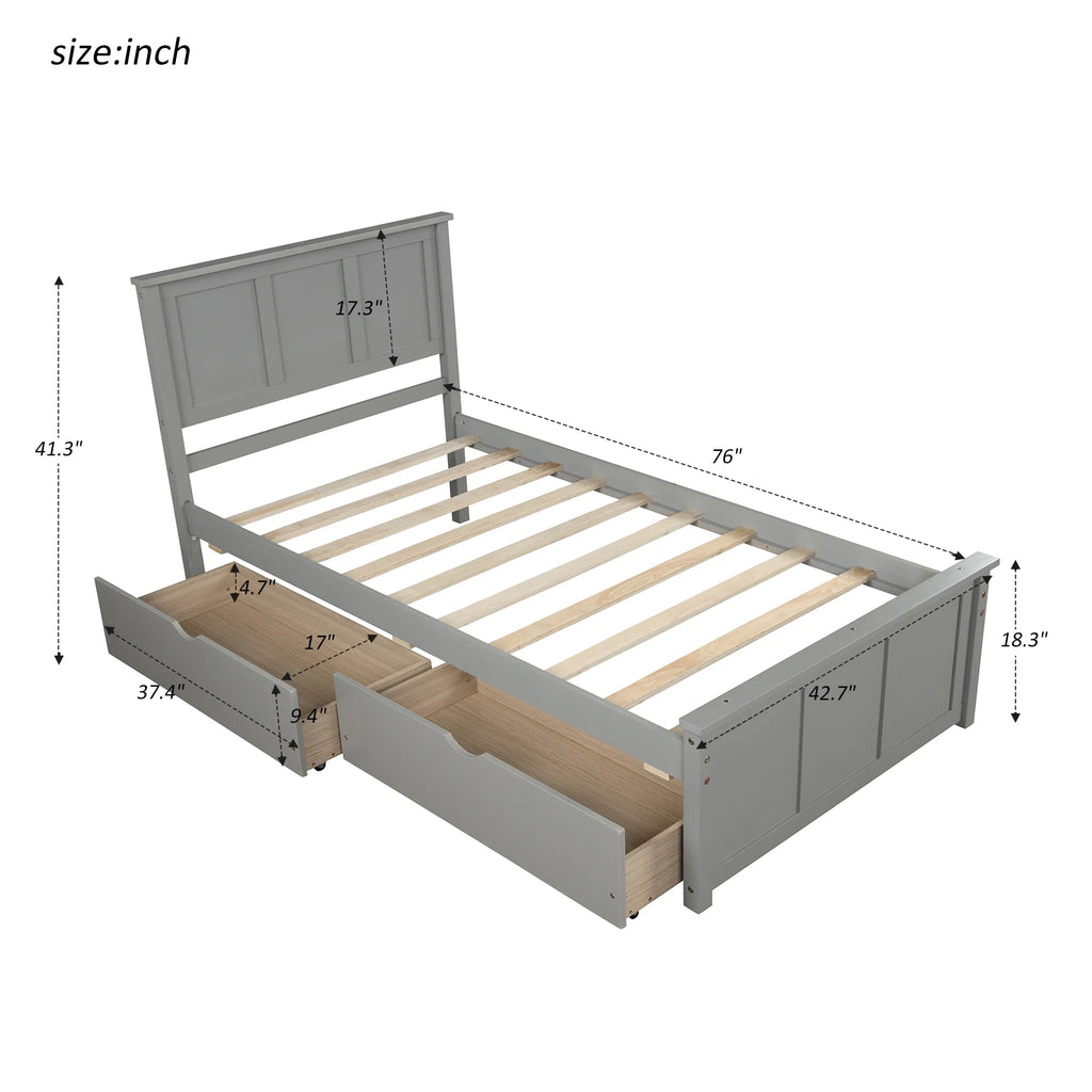 Twin Size Wood Platform Bed with Storage and Headboard O94632