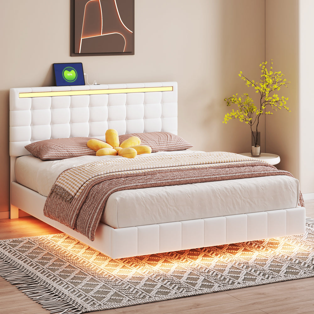 Queen Size White Upholstered Platform Bed Frame with LED Lights and USB Charging N154998