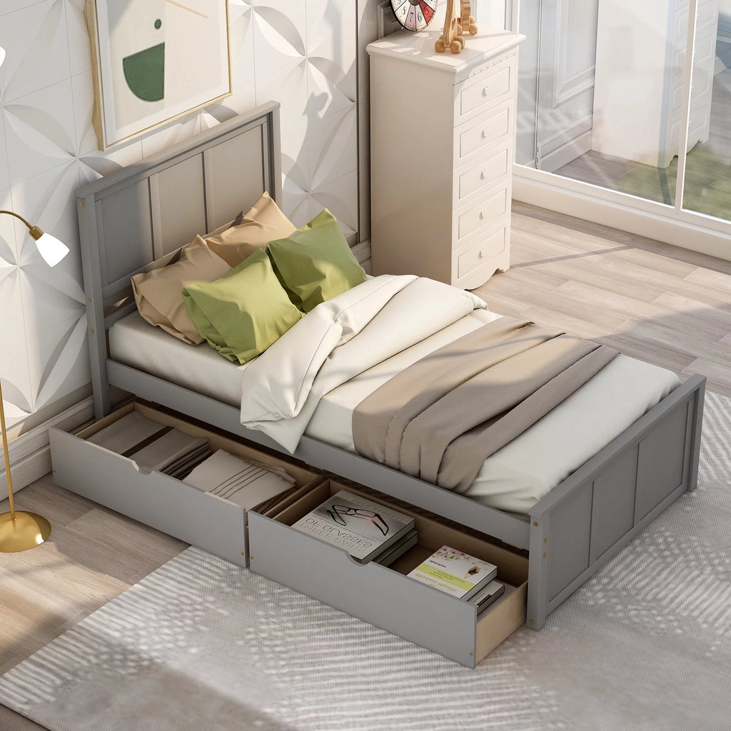 Twin Size Wood Platform Bed with Storage and Headboard O94632