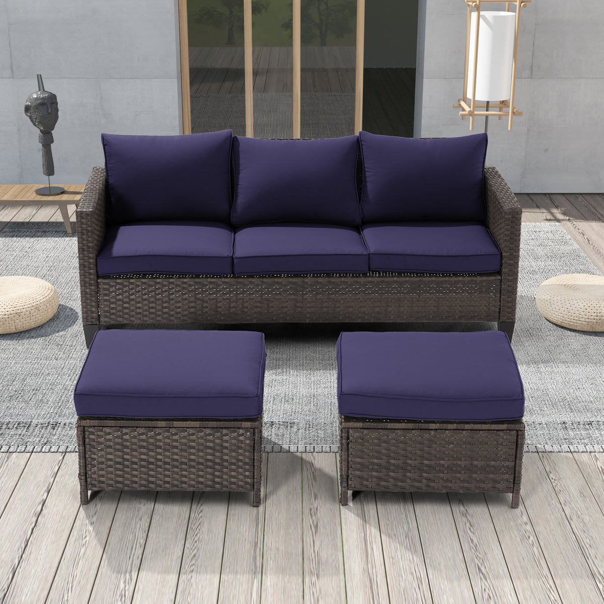 Navy Blue 3-Piece Rattan Patio Sofa Set V8703