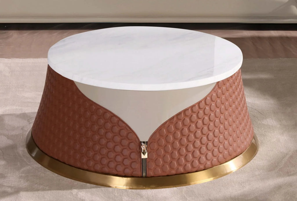 Sand Beige-Cognac Leather Coffee Table Set 2P D70416