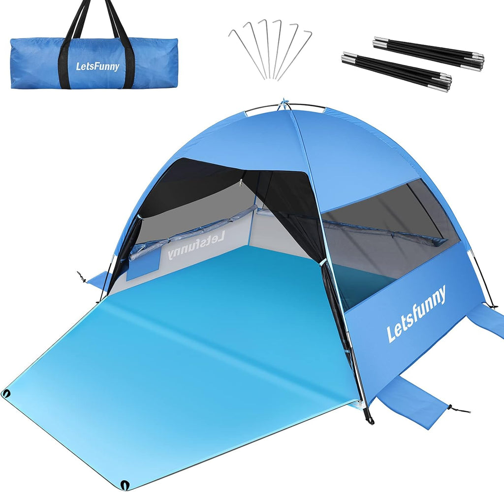 Blue Beach Tent with Extended Floor and 3 Mesh Roll Up Windows U290921