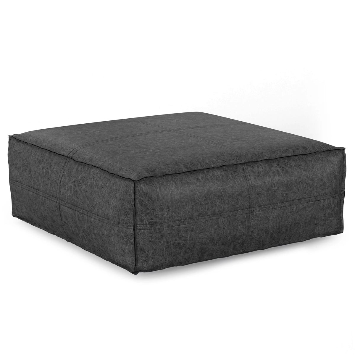Distressed Black Vegan Faux Leather Pouf N209431
