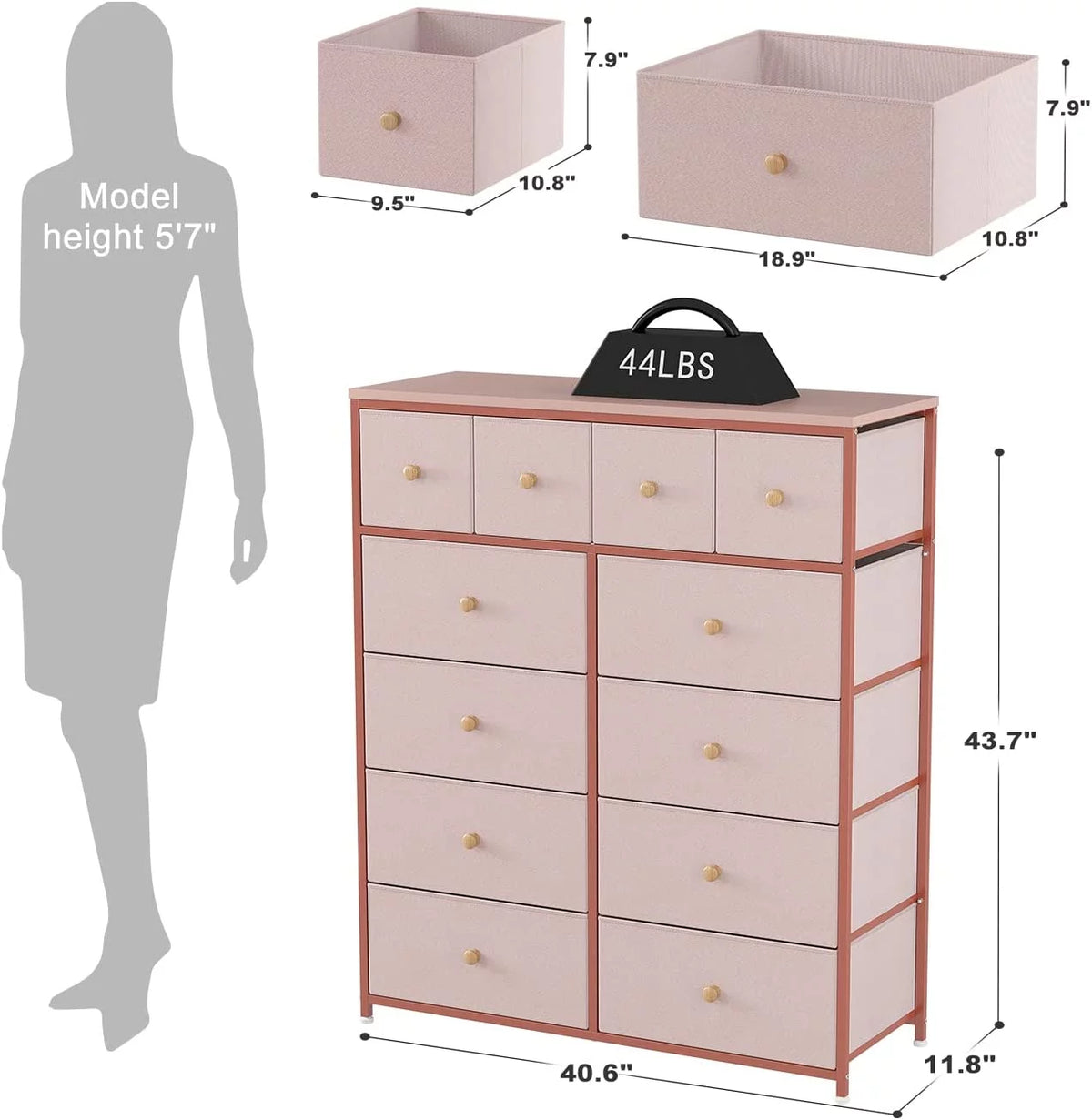 Pink 12 Drawer Dresser with Wood Top W1109