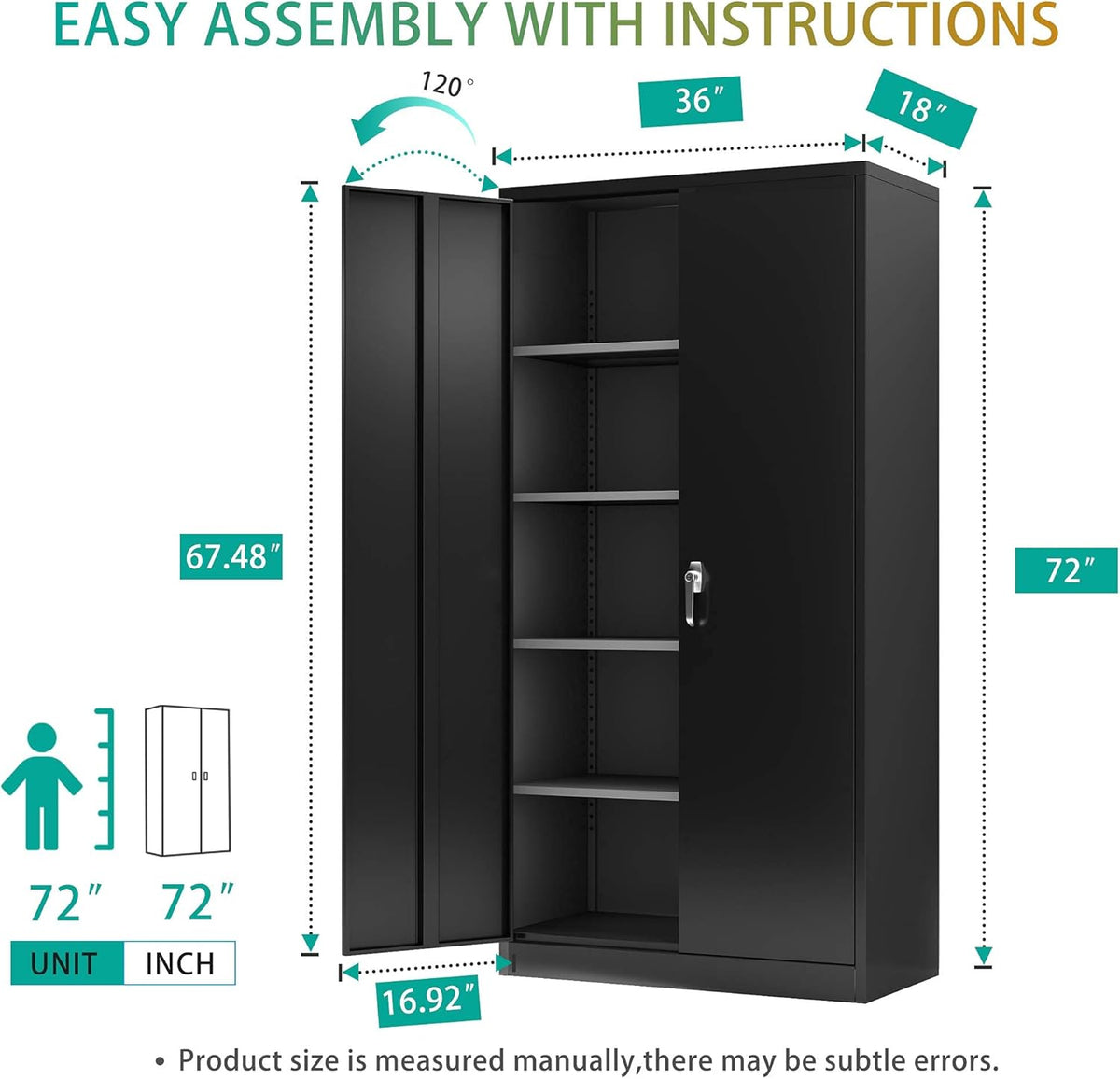 Black Metal Storage Cabinet with 4 Adjustable Shelves and Lockable Doors F452