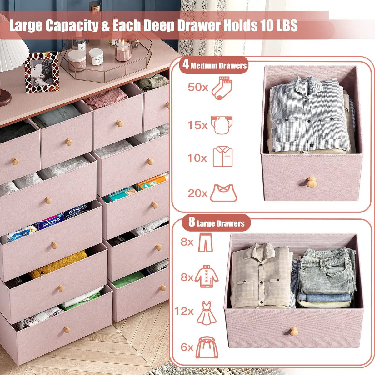 Pink 12 Drawer Dresser with Wood Top W1109