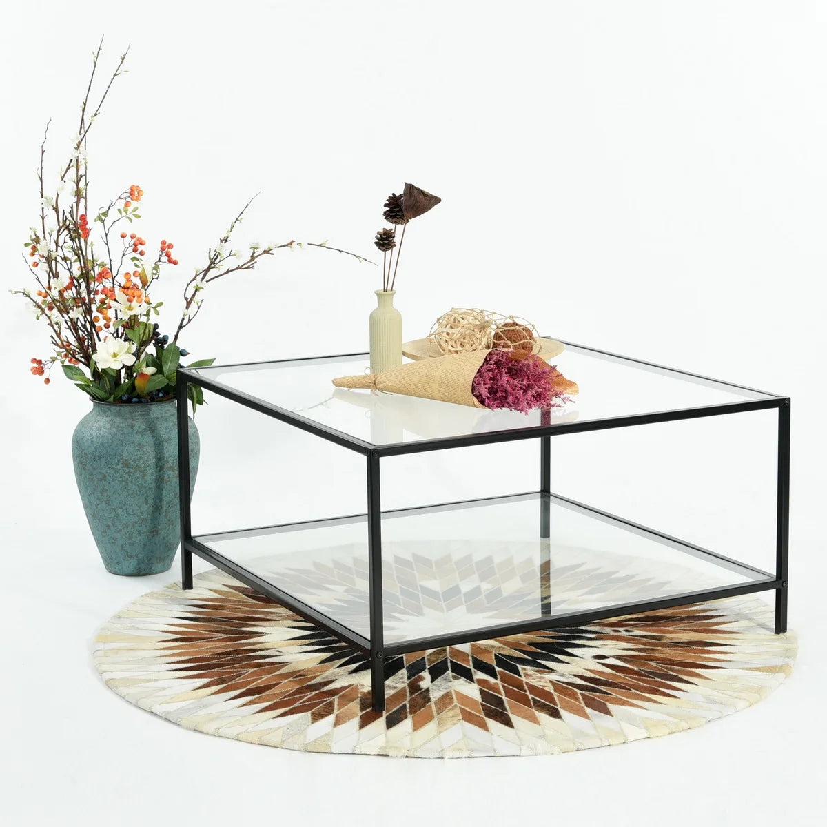 Square Tempered Glass Coffee Table with Storage Rack, Black E715666