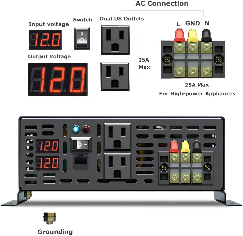 2500W 12VDC 120VAC Pure Sine Wave Power Inverter with 2 AC Outlets Wired Remote Control W165