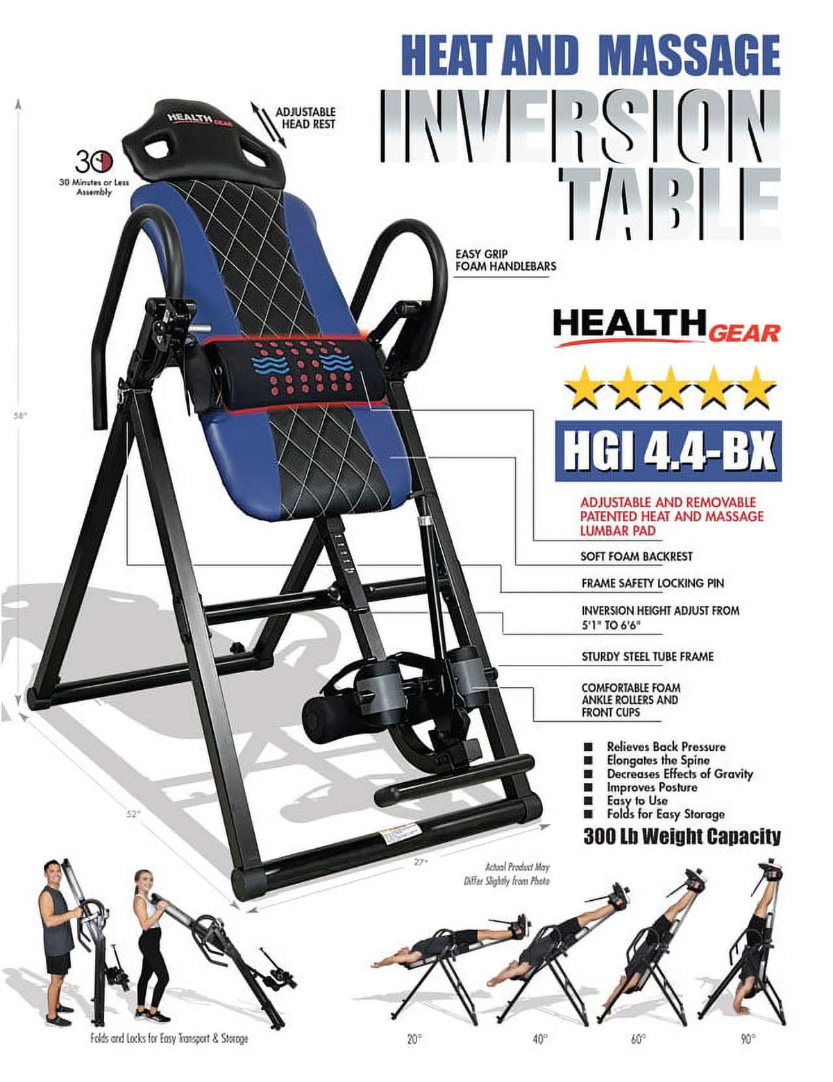Blue Heat and Vibration Massage Inversion Table T3926